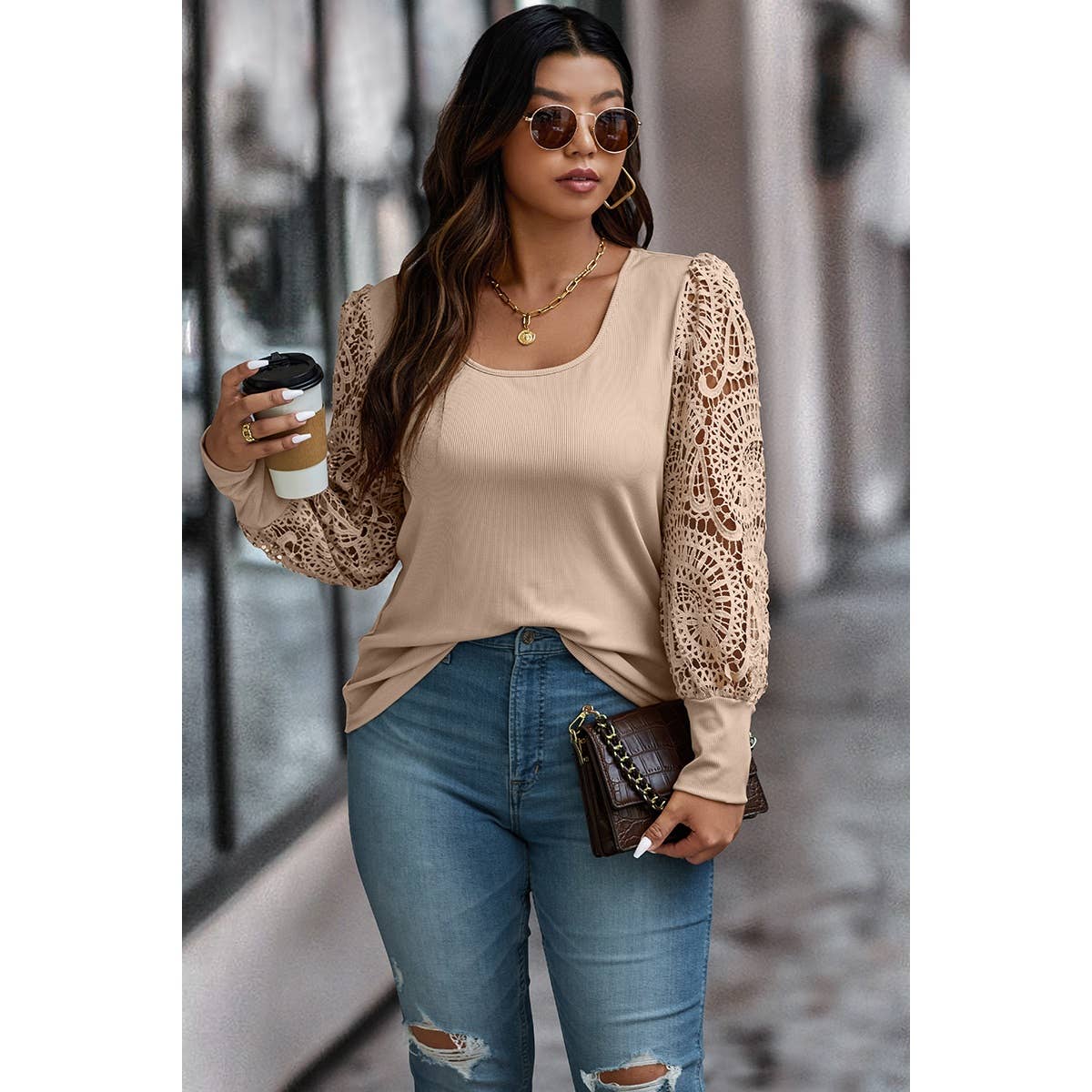 Plus Square Neck Color Block Hollow Out Solid Top