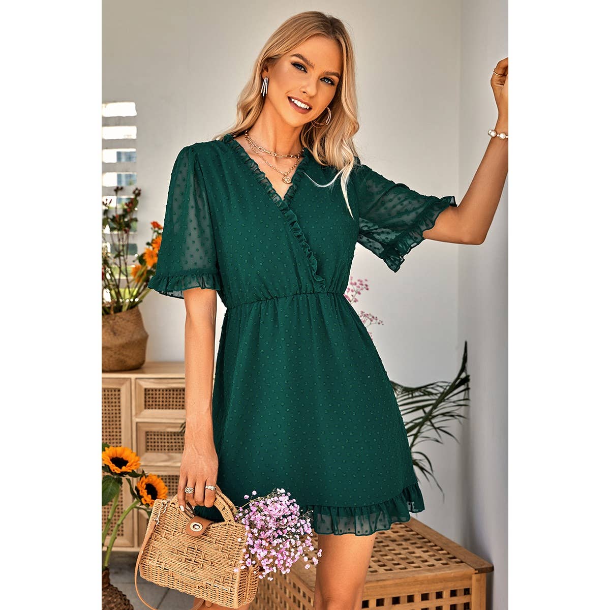 Swiss Dot Frill Trim Puff Sleeve Surplice Dress - ELINGS