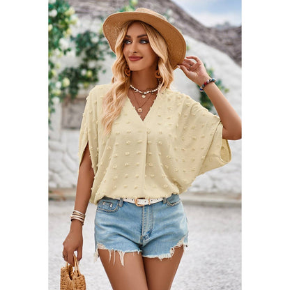 Swiss Dot V Neck Loose Half Sleeve Blouse - Elings
