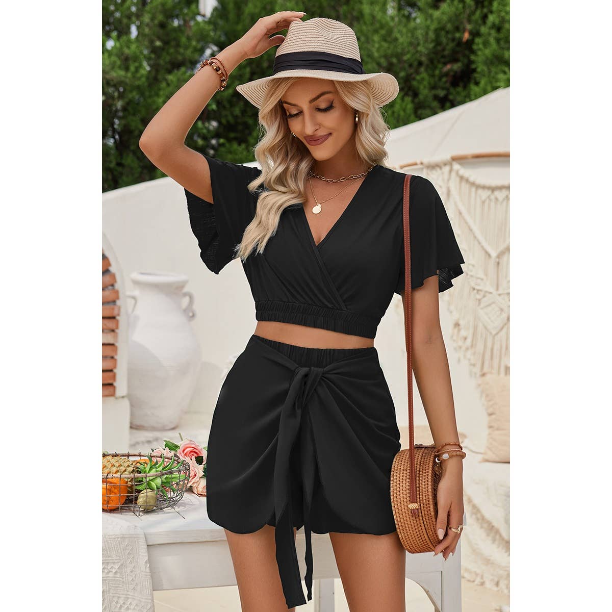 Two Pieces Cross Knot Elastic Waist Soild Sets - Elings