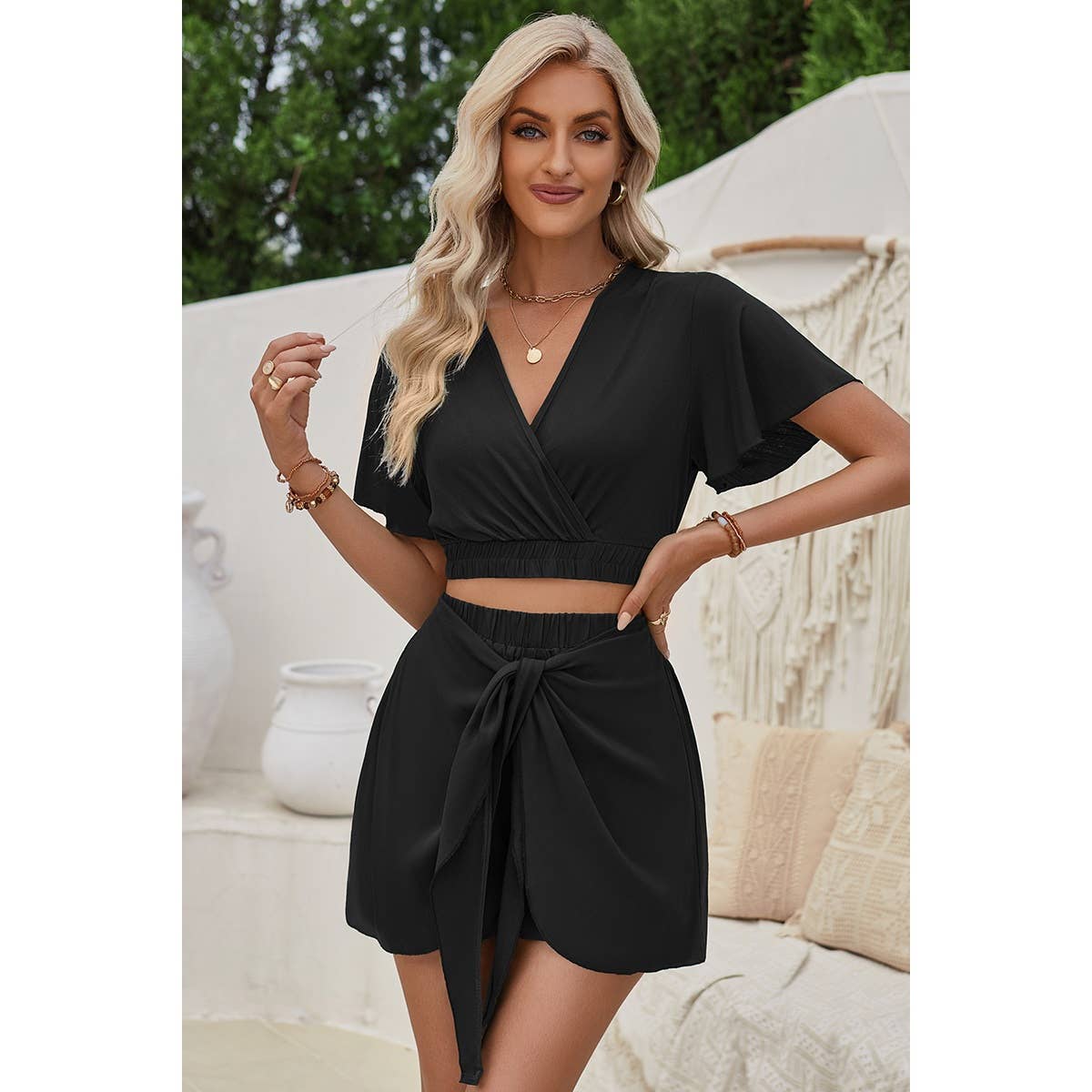 Two Pieces Cross Knot Elastic Waist Soild Sets - Elings