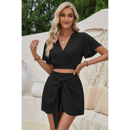 Two Pieces Cross Knot Elastic Waist Soild Sets - Elings