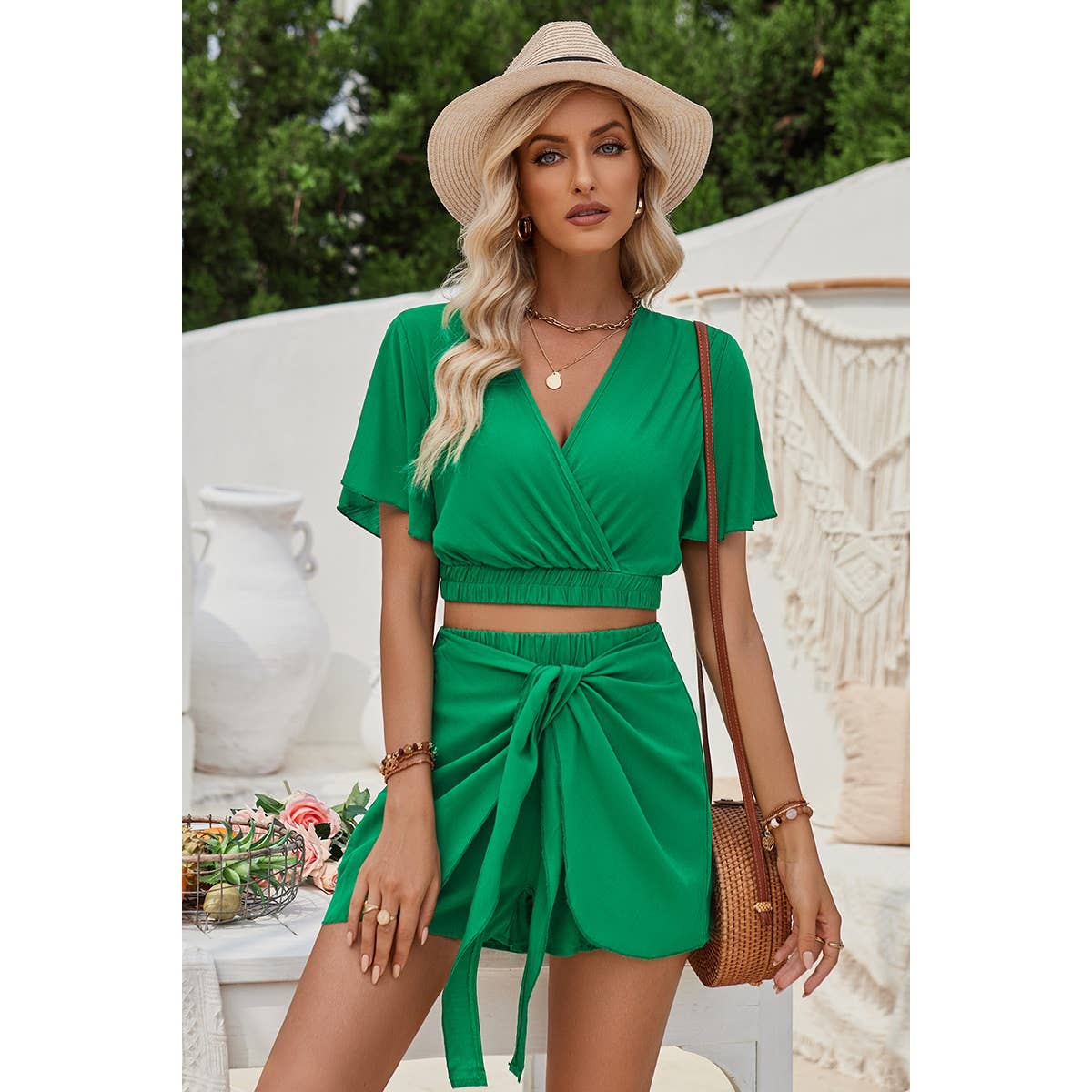 Two Pieces Cross Knot Elastic Waist Soild Sets - Elings