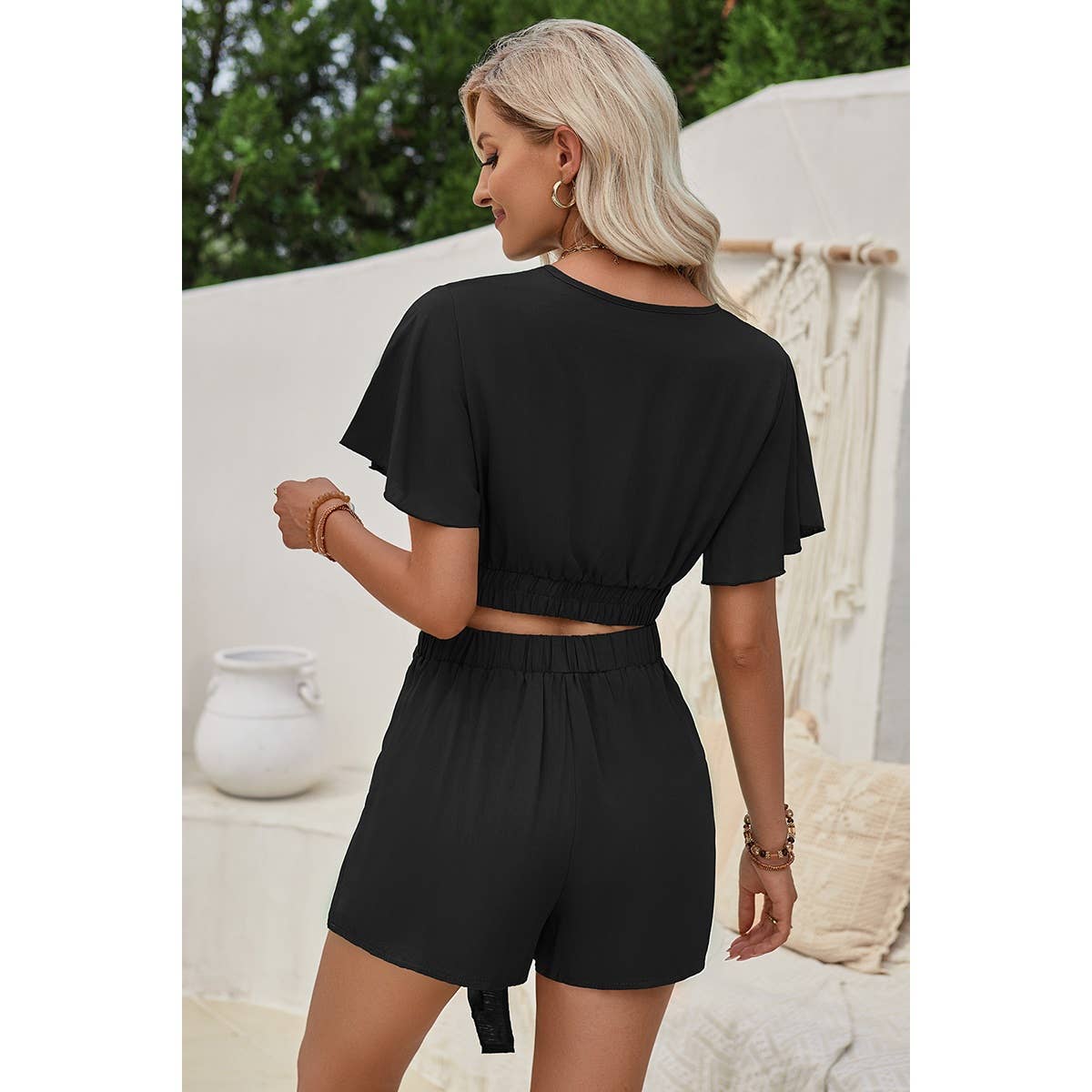 Two Pieces Cross Knot Elastic Waist Soild Sets - Elings