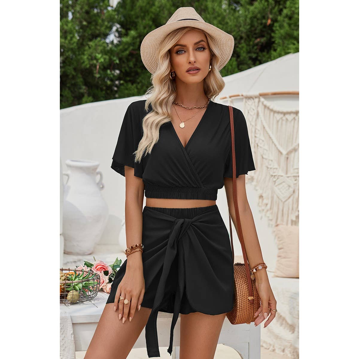Two Pieces Cross Knot Elastic Waist Soild Sets - Elings
