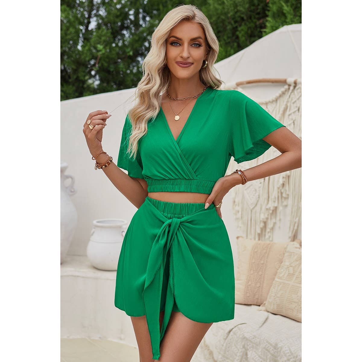 Two Pieces Cross Knot Elastic Waist Soild Sets - Elings