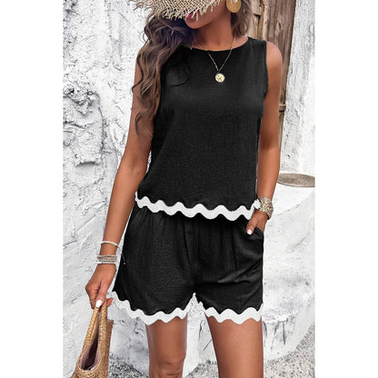 Two Pieces Printed Sleeveless Pockets Shorts Sets - MVTFASHION.COM