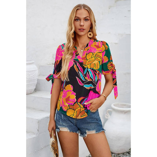 V Neck Floral Knot Trim Sleeves Loose Blouse