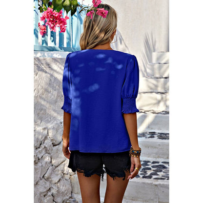 V Neck Half Sleeve Chiffon Ruffle Loose Blouse