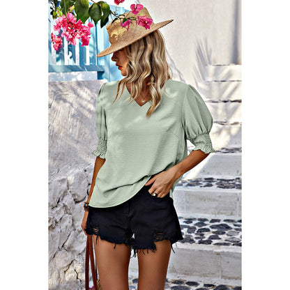 V Neck Half Sleeve Chiffon Ruffle Loose Blouse