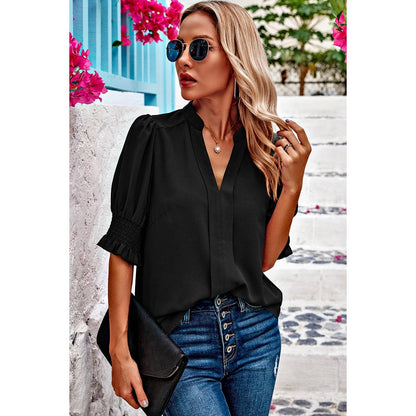 V Neck Ruched Sleeves Solid Loose Fit Blouse