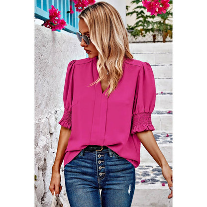 V Neck Ruched Sleeves Solid Loose Fit Blouse