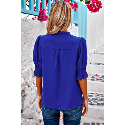 V Neck Ruched Sleeves Solid Loose Fit Blouse