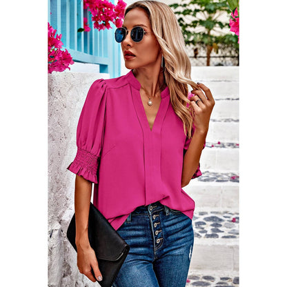 V Neck Ruched Sleeves Solid Loose Fit Blouse