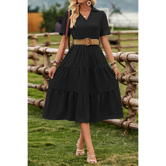 V Neck Ruffle Solid Color Block Belt Dress