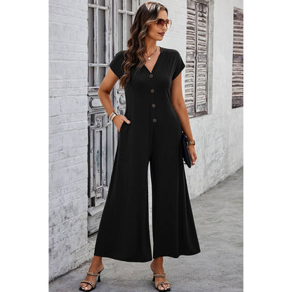 Wide Leg Button Trim Pockets V Neck Jumpsuit