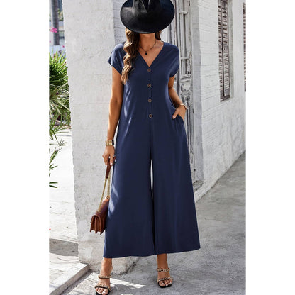 Wide Leg Button Trim Pockets V Neck Jumpsuit