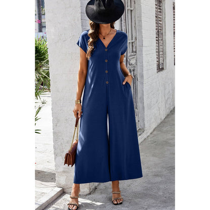 Wide Leg Button Trim Pockets V Neck Jumpsuit