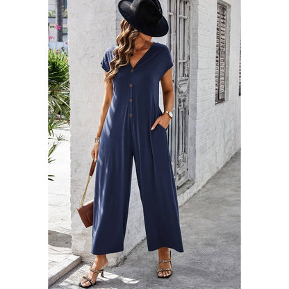 Wide Leg Button Trim Pockets V Neck Jumpsuit