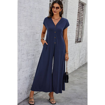 Wide Leg Button Trim Pockets V Neck Jumpsuit