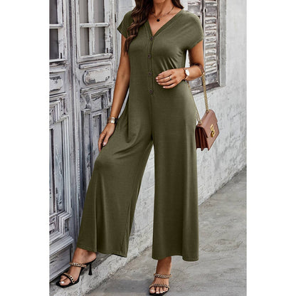 Wide Leg Button Trim Pockets V Neck Jumpsuit